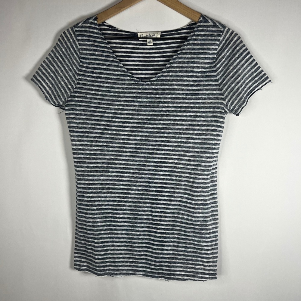 Cloud Chaser Shirt Women XS Navy Blue White Stripe V-Neck Short Sleeve Blouse